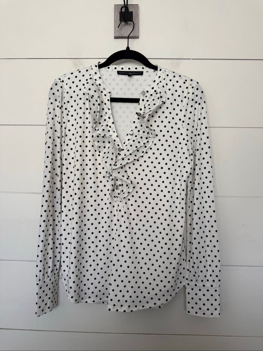 White House Black Market Women’s Small Black White Polka Dot Ruffle Blouse Top